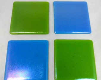 Spring Green and Blue Turquoise Iridescent Handmade Glass Coasters in Art Studio Glass - Set of 4 - Hand Crafted Drinks Barware Gift