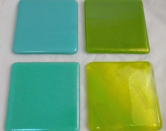 Handmade Blue & Green Glass Coasters with Turquoise and Green Combination Set of 4 - Made to Order - Hand Crafted Glass Gift Drinks Barware