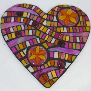 Mosaic Hand Crafted Heart Wall Art - Pink & Orange Colour Mixed Media Heart Mosaic Panel 13 x 12 inch - With Handmade Glass Flower Panels