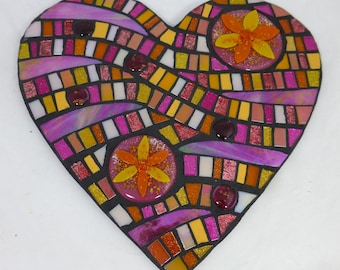 Mosaic Hand Crafted Heart Wall Art - Pink & Orange Colour Mixed Media Heart Mosaic Panel 13 x 12 inch - With Handmade Glass Flower Panels