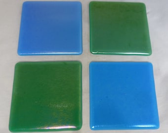 Iridescent Turquoise Blue and Sea Green Handmade Fused Glass Coasters - Set of 4 Coasters - Hand Crafted Glass Gift - Barware Drinks Mats