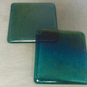 Iridescent Aqua Teal Greeny Blue Handmade Glass Coasters - Set of 2 Glass Coasters - Made to Order - Hand Crafted Drinks Mat Barware gift