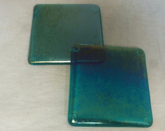 Iridescent Aqua Teal Greeny Blue Handmade Glass Coasters - Set of 2 Glass Coasters - Made to Order - Hand Crafted Drinks Mat Barware gift