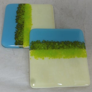 Cream and Turquoise Blue with Spring Green Accents Handmade designer Glass Coasters - Set of Two - Hand Crafted Glass Gift Drinks Barware