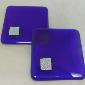 Cobalt Blue and Silver Fused Glass handmade Coasters with Silver Accent - Set of 2 - hand crafted designer glass gift - drinks barware