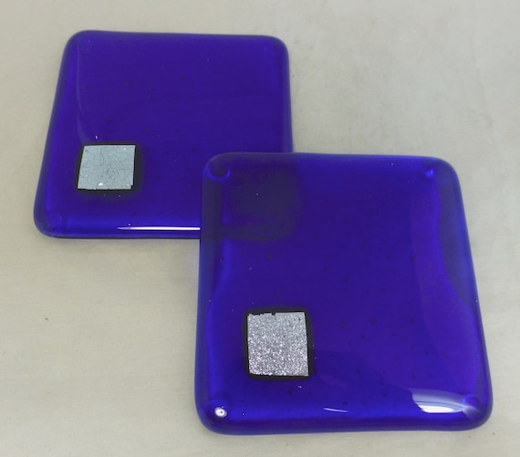 Cobalt Blue and Silver Fused Glass handmade Coasters with Silver Accent - Set of 2 - hand crafted designer glass gift - drinks barware