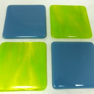 Lime green and Cobalt Blue Handmade Fused Glass Coasters with Art Studio Glass - set of 4 - Made to Order - Hand Crafted Drinks Barware Gift
