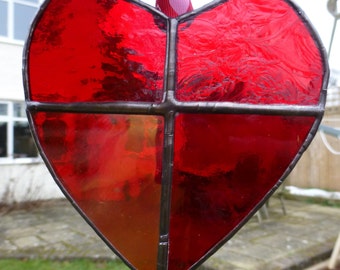 Red Stained Glass Valentine Red Love Heart Shpaed Sun Catcher / Light Catcher - Handmade Heart Love Valentine Glass Gift - Ready to Hang