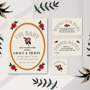 Trad Tattoo Baby Shower Invitation Bundle: Alt American Design (Editable Canva Template)