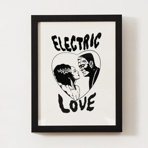 Frankenstein & Bride of Frankenstein – &quot;Electric Love&quot; DIGITAL DOWNLOAD | Gothic Horror Couple Art Print | 8x10 Printable Wall Art | vintage