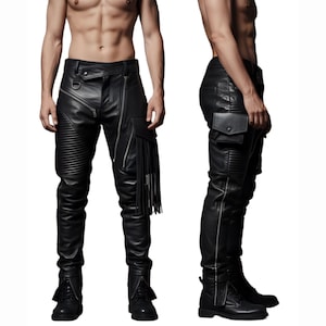 Pantalon motard en cuir pour hommes | Pantalon moto noir fait main | Pantalon gothique steampunk | Coupe slim avec franges | Tenues de festival et de scène