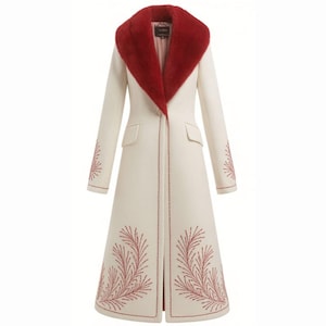 May include: A long, cream-colored coat with a vibrant red faux fur collar. The coat features intricate red embroidered leaf-like patterns on the sleeves and lower front panels. It has a tailored fit with a button-down closure and two front pockets, offering a classic and elegant look.