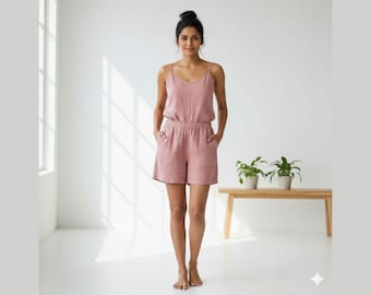 Women's Linen Romper | Minimalist Summer Jumpsuit | Soft Pink Lounge Set | Handmade Linen Sleepwear | Casual Relaxed Outfit