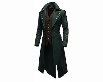 Handgjord grön gotisk frack | Broderad steampunk vampyrkappa