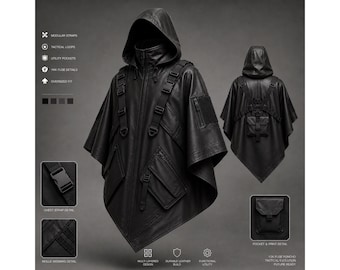 May include: A black leather poncho featuring an oversized hood, modular straps, tactical loops, and multiple utility pockets. The design includes YKK zipper details, a front chest strap, MOLLE webbing, and a back pocket. Text includes Y2K FUSE PONCHO, TACTICAL EVOLUTION, and FUTURE READY.