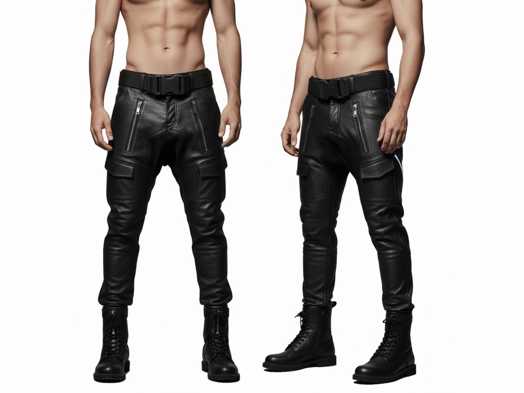 Men’s Black Leather Biker Pants | Motorcycle Cargo Trousers | Handmade ...