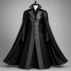 Peut inclure: Un long manteau noir avec un motif texturé en peau de crocodile, doté d'un col haut, de plaques d'armure structurées aux épaules, d'une fermeture à boutons et de boucles latérales intégrées. Le vêtement inclut une cape fluide aux épaules.