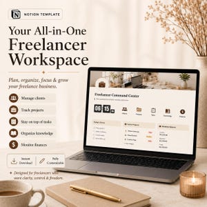 Könnte beinhalten: Eine Notion-Vorlage für einen Freelancer-Arbeitsbereich auf einem Laptop-Bildschirm. Die Benutzeroberfläche zeigt ein Kontrollzentrum mit Bereichen für Kunden, Projekte, Aufgaben, Wissen und Finanzen sowie Text zu Funktionen wie Sofort-Download.