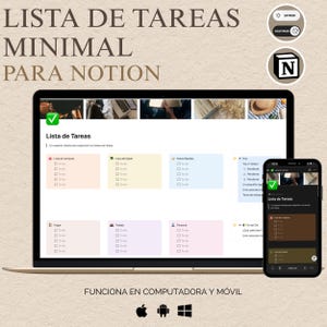 May include: A laptop and smartphone display a task management interface. The laptop screen shows a to-do list with sections for shopping, work, and personal tasks. The smartphone mirrors the interface. Text at the top reads "LISTA DE TAREAS MINIMAL PARA NOTION."