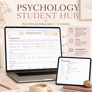 Pode incluir: Um painel digital intitulado Psychology Student Hub exibido na tela de um laptop e tablet. A interface apresenta seções para tarefas, atribuições e foco de estudo. O layout inclui rótulos de texto para ações rápidas, tarefas e atribuições.
