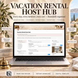 Könnte beinhalten: Ein Laptop mit der digitalen Vorlage Vacation Rental Host Hub für Notion. Der Bildschirm zeigt Bereiche für Reservierungen, Kalender, Betrieb, Inventar und Finanzen. Textüberlagerungen heben das Verfolgen von Aufenthalten und Kosten hervor.
