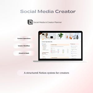 Puede incluir: Una visualización digital de un sistema Notion Social Media & Creator Planner en la pantalla de una computadora portátil. La interfaz presenta secciones para Content Operations, Creator Workflow y Growth & Deals, con un panel titulado Creator Operations HQ.