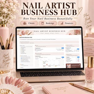 以下が含まれることがあります： クライアント、予約、財務のセクションを備えたNail Artist Business Hubデジタルプランナーインターフェースを表示するノートパソコン。画面には、淡いピンクと白のカラーパレットで、予約スケジュール、タスクリスト、備品追跡を備えたダッシュボードが表示されています。