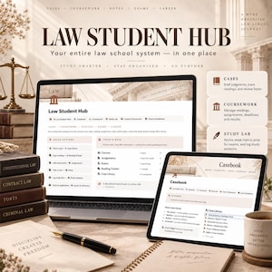 Notion-sjabloon voor rechtenstudenten | Casusoverzicht & IRAC, studieplanner, outline-builder, examenplanner | Esthetisch studiedashboard