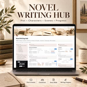 Könnte beinhalten: Ein Laptop-Bildschirm zeigt das digitale Dashboard Novel Writing Hub mit Bereichen für Handlung, Charaktere, Szenen und Fortschritt. Die Benutzeroberfläche enthält Aufgabenlisten, Kapitelverfolgung und einen Timer. Der Bildschirm zeigt Textüberschriften.
