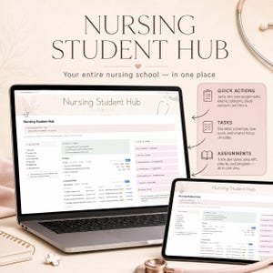 Pode incluir: Um portátil e um tablet exibindo um painel digital Nursing Student Hub. O ecrã mostra secções para navegação, tarefas, trabalhos e ações rápidas. Um estetoscópio é visível, o texto exibido é Nursing Student Hub.