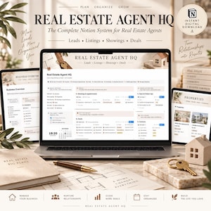 May include: A digital Notion template for real estate agents titled Real Estate Agent HQ, displayed on a laptop screen and tablets. The interface features sections for leads, listings, showings, and deals, with a clean, neutral color palette.