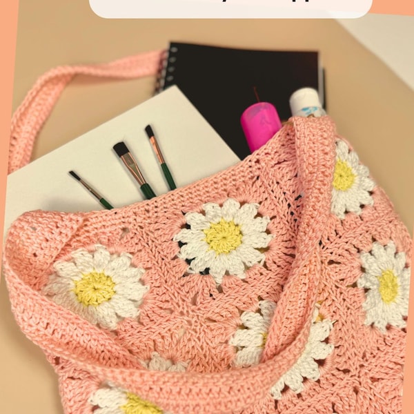 Crochet Daisy Tote – Handmade Granny Square Shoulder Bag – Eco-Friendly Flower Purse – Light Pink