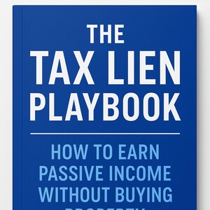 Puede incluir: Un libro azul titulado The Tax Lien Playbook con el subtítulo How to Earn Passive Income Without Buying Property. La portada presenta el título principal en letras blancas en negrita y el subtítulo en azul claro, con una línea horizontal.