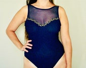 Early 90s Nautical One-Piece Swimsuit Women 39 s Royal Blue Gold Vintage 1990s Mesh High Cut Bikini Scoop Back