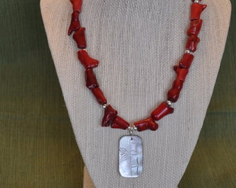 Bold Bamboo! Red coral necklace with mother of pearl pendant