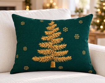 Gold Embroidered Christmas Tree Lumbar Pillow – Holiday Faux Suede Throw Pillow 14x20