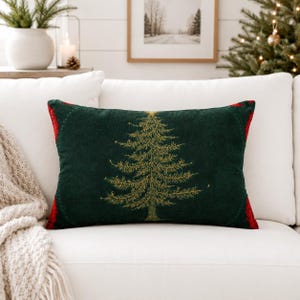 Christmas Lumbar Pillow, Gold Christmas Tree Pillow, Green Holiday Throw Pillow, Farmhouse Christmas Decor, Winter Accent Cushion