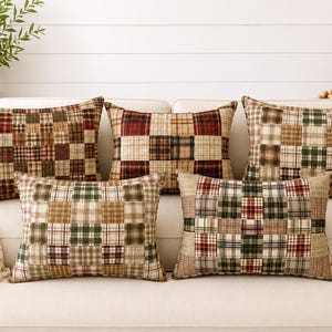 Rustic Patchwork Lumbar Pillow | Farmhouse Accent Pillow | Vintage Plaid Throw Pillow | Cottage Cabin Cushion | Country Home Decor