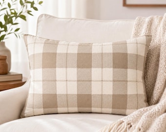 Lumbar Pillow Cover, Neutral Plaid Pillow, Beige Buffalo Check Cushion, Farmhouse Throw Pillow, Rustic Home Decor