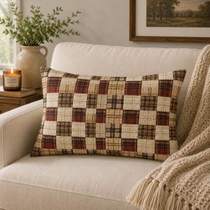 Primitive Patchwork Lumbar Pillow | Rustic Farmhouse Accent Pillow | Vintage Country Cushion | Cabin Lodge Throw Pillow