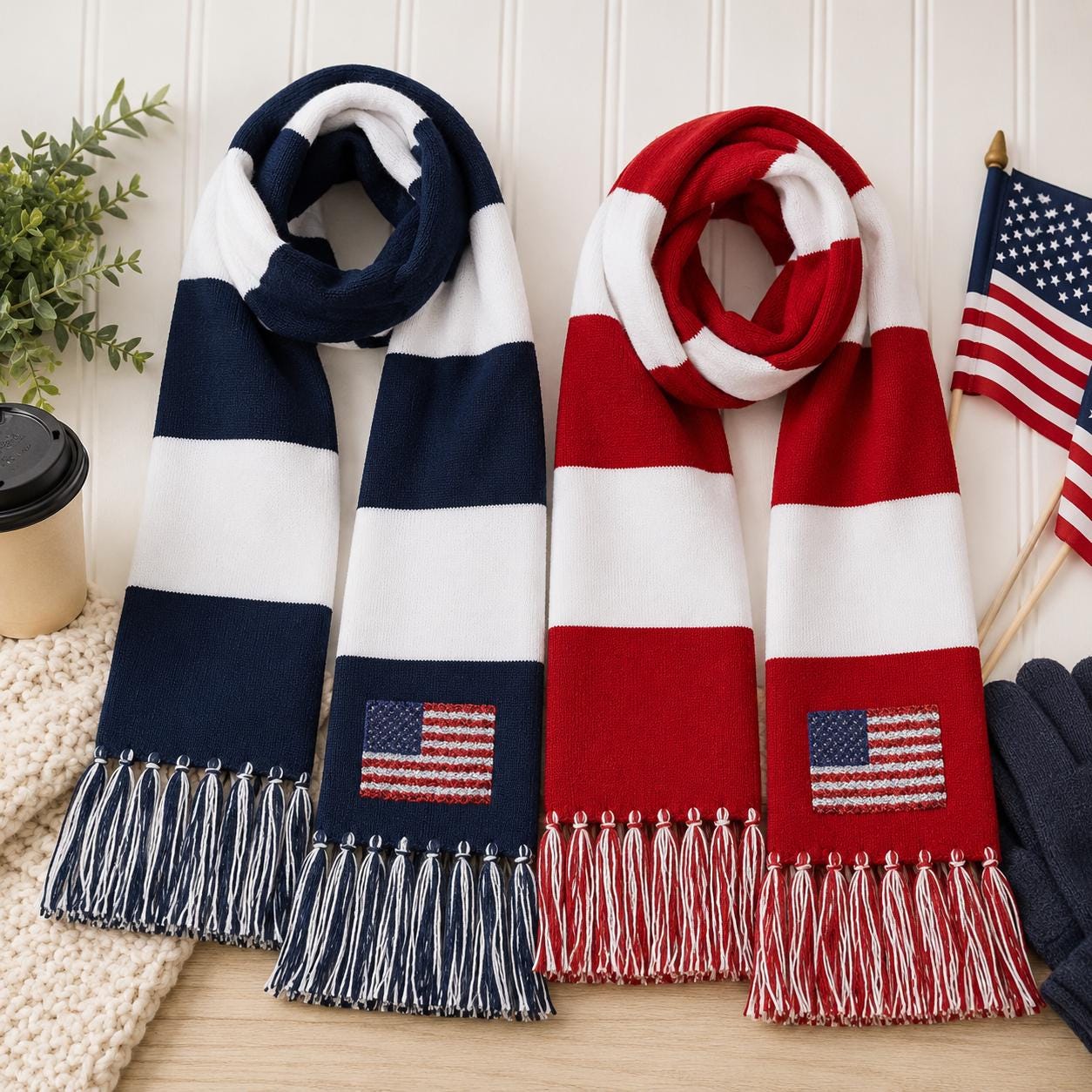 Embroidered American Flag Spectator Scarf, Acrylic Knit USA Winter