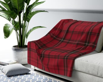Red Plaid Sherpa Fleece Blanket, Cozy Throw Blanket, Winter Cabin Decor, Christmas Gift