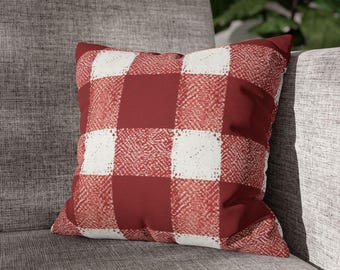 Red & Cream Buffalo Check Pillow Cover | Farmhouse Plaid Throw Pillowcase | Square Decorative Pillowcase