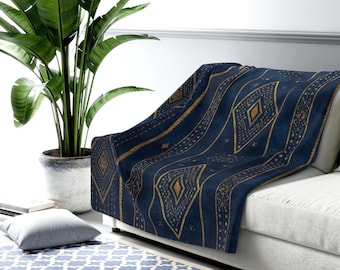 Geometric Sherpa Fleece Blanket, Navy Blue Plush Throw, Cozy Winter Blanket for Couch & Bed