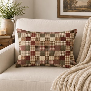 Patchwork Plaid Lumbar Pillow | Rustic Farmhouse Accent Pillow | Vintage Cottage Cushion | Neutral Cabin Throw Pillow | Country Home Decor