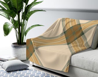 Rustic Plaid Pattern Sherpa Blanket | Cozy Fleece Throw, Tan Green Tartan