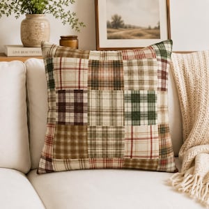 Neutral Cabin Patchwork Plaid Pillow Cover | Rustic Cottage Cushion Cover | Farmhouse Throw Pillow | Country Lodge Decor