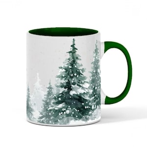 Tasse de Noël forêt de pins enneigée : tasse en céramique aquarelle confortable