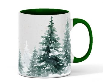 Tasse de Noël forêt de pins enneigée : tasse en céramique aquarelle confortable