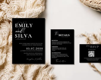 Modern Black Wedding Invitation Suite: 3-Piece Canva Template with QR RSVP
